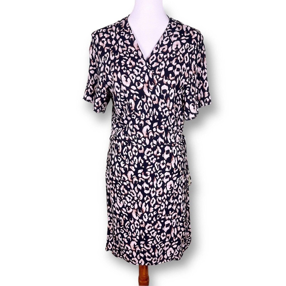 H&M Wrap Mini‎ Dress Size XL Leopard Print Casual V-neck Short Sleeve Side Tie